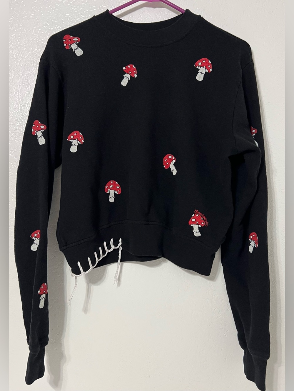 Lauren Moshi Spalding Mini Mushrooms Black Crop Sweatshirt XS Cottagecore